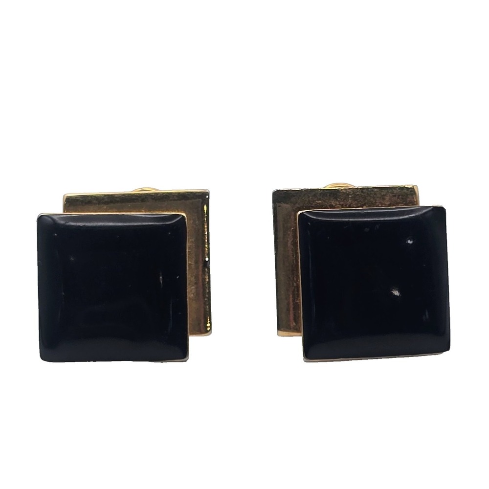 Vintage Monet Black Cabochon Gold Tone Clip On Earrings Modernist Geometric